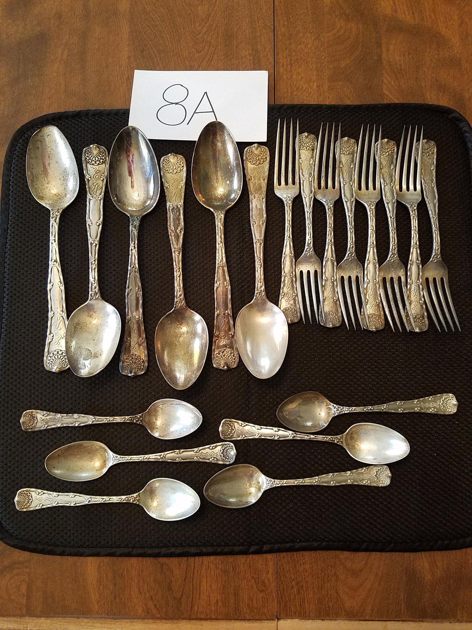 20 Pieces of Tiffany & Co. Wave Edge 1884 Sterling Silver Flatware Pieces: 20 fancy pieces of Tiffany & Co. Wave Edge 1884 sterling silver flatware. Six heavy serving spoons, six dinner spoons and eight dinner forks. 34.27 troy oz. total weight of all pieces. From the Pulask
