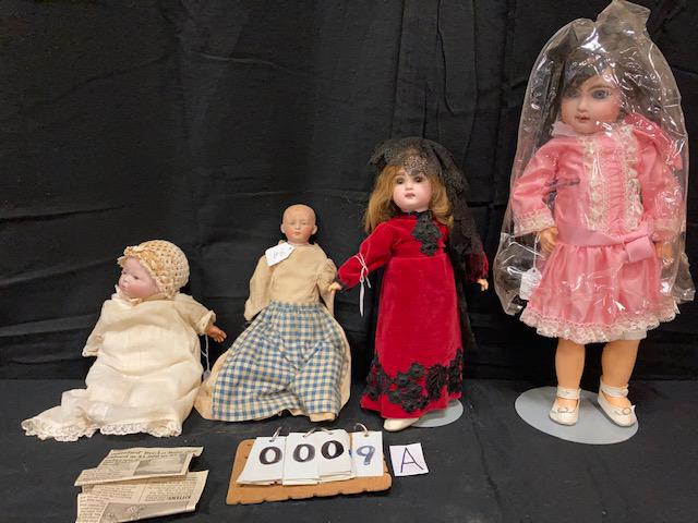 Four Estate 19c Bisque Dolls: Four estate 19c bisque dolls. One Graces Putnam 1923 (Copyright - Made in Germany) bisque baby doll with brown glass eyes and original clothes. #7373/30. 7"w x 14"l. One bisque baby boy doll marked Ge