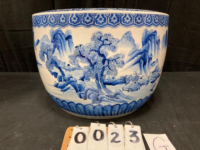 1890s Chinese Porcelain Jardiniere: 1890s Chinese hand painted porcelain jardiniere in excellent condition. This jardineer has deep rich blue color with mountains, streams, grass, houses, people and sail boats. 11"h x 16"w. Please read 