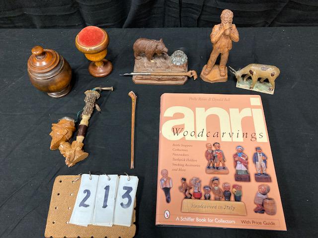 Six Antique Carved Wood Items: Six antique carved wood items. One circa 1890s pipe with carved bearded man to the bowl and real stag glass and wood mouthpiece. 8"l x 6"h x 1.75"w. One 1890s carved wood black forest figural bear ink