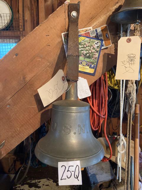 1900s U.S. Navy Signed Brass Ship Bell: Nice 1900s U.S. Navy signed brass ship bell. 8" dia. x 18.5" h. From the Poland, NY Estate. Please read the Terms and Conditions of this auction thoroughly for IMPORTANT bidder information.