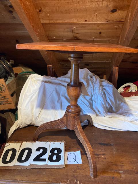 1830s Solid Tiger Maple Candle Stand: 1830s solid tiger maple candle stand with replaced top. Very beautiful. 18"w x 18"d x 24.75"h. From the Poland, NY Estate. Please read the Terms and Conditions of this auction thoroughly for IMPORTANT