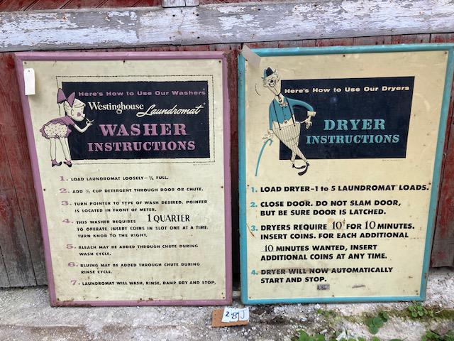 Two Tin 1940s Westinghouse Laundromat Signs: Two tin 1940s Westinghouse laundromat signs for washer and dryer. 35.625"w x 47.75"h. One other tinting/dying sign. From the Theresa, NY Estate. Please read the Terms and Conditions of this auction th