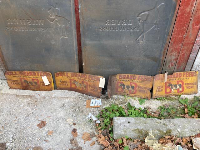 Four Tin 1900s Bull Brand Feeds Signs: Four tin 1900s Bull Brand Feeds dairy, stock, poultry signs. Buffalo, NY, Maritime Milling Co. All in as is condition, barn finds. 23.75"w x 11.625"h. From the Theresa, NY Estate. Please read the Term