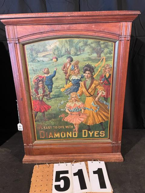 1906 Diamond Dye Cabinet: 1906 Diamond Dye cabinet. It is easy to dye with Diamond Dyes. Copyright USA and Canada, Wells & Richardson Co. 1906. With teacher and school children. Missing some inside self dividers, some rust on 