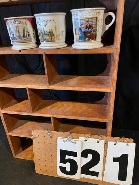 19c Tailor Occupational Shaving Mugs: 19th century hand painted tailor occupational shaving mugs. All three are chipped. One owner D.M. O'Keefe, maker D.C., 4.5"w x 3.5"h. One owner A. Kruege, signed E.H., 4.625"w x 3.5"h. One tailor with