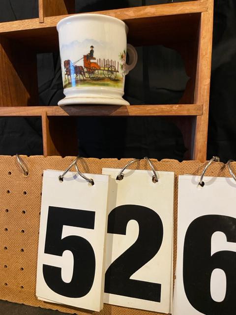 19c Delivery Man Occupational Shaving Mug: 19th century hand painted two horse drawn delivery man occupational shaving mug. Heckel Bros. Kansas City, MO. No owner name. 4.75"w x 4"h. These occupational shaving mugs are from a collection that w