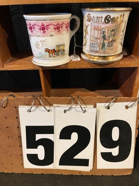 19c Grocer Occupational Shaving Mug: 19th century hand painted grocer occupational shaving mug. Carr China Co. Grafton, WV. D-39. 4.625"w x 3.625"h. These occupational shaving mugs are from a collection that was collection over more than