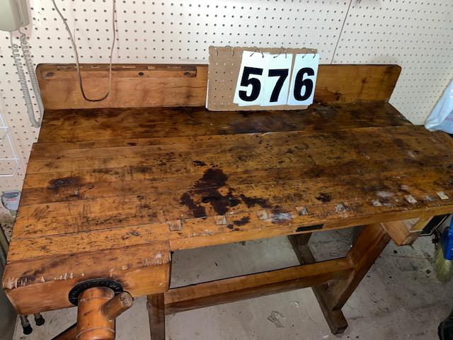 Signed Christiansen Wood Work Bench: Signed Christiansen wood work bench. 6th Street 2814-2842 Chicago, IL. Some stains on the top. Overall in excellent condition. 54.25"l x 22.25"w x 35.5"h. From the Estate of a lady and gentleman of Br