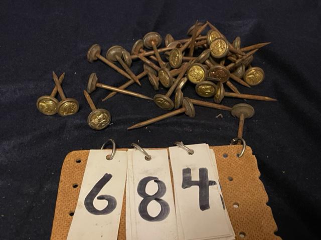 40 H.L. Judd NY Gold Plated Soldier Picture Nails: 29 H.L. Judd & Co. NY glass sulphide Victorian picture frame or curtain nails with gold plated soldier design. This is a rare old hardware store find. Most of the time you will only find a small handf
