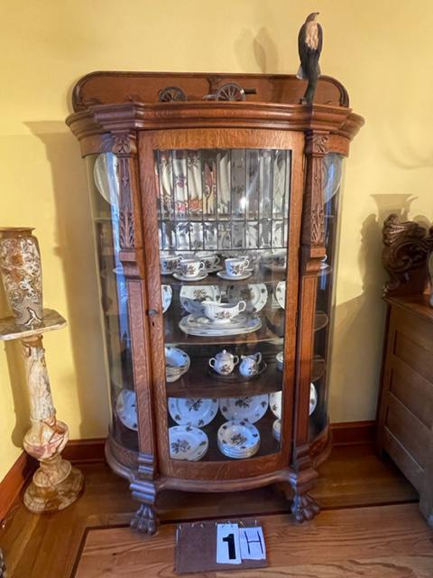 1890s American Oak Leaded Beveled Glass Bow Front China Cabinet - UPDATED INFO: 1890s American golden oak leaded beveled bow front glass clawfoot china cabinet. Professionally refinished. Note contents not included. 48"w x 18"d x 77.5"h. From the Pompey, NY Estate. Please read th