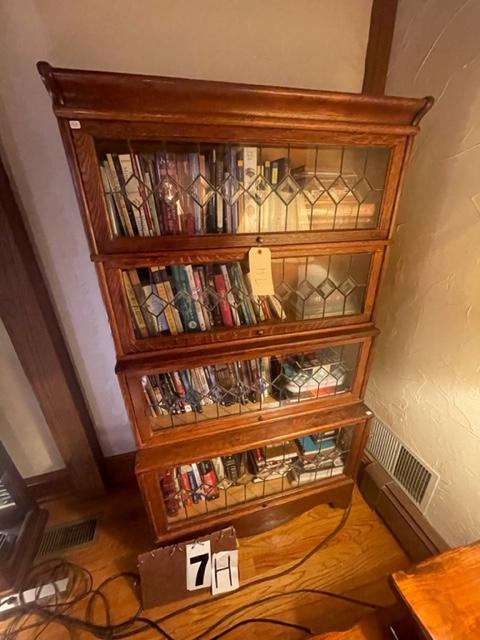 Five Section Oak and Leaded Beveled Glass Stacking Bookcase - UPDATED INFO: Exceptional five section oak and leaded beveled glass American stacking bookcase. Professionally refinished. 34.5"w x 14"d x 63.125"h. From the Pompey, NY Estate. Please read the Terms and Conditions 