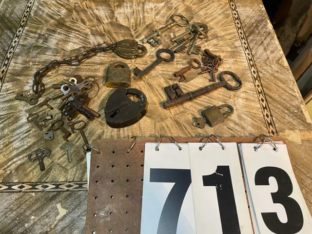 19c Key and Lock Collection: 19th century key and lock collection. One 19th century Bowman Brooklyn, NY solid brass railroad lock with hollow barrel key. One large iron lock. Four large brass keys. Three large iron keys. Eight cl