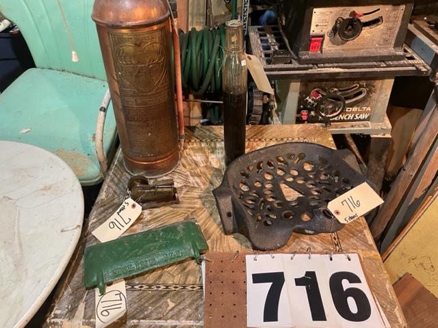 Five Miscellaneous Antique Items: Five miscellaneous antique items. One Tiolene glass oil bottle with original Tiolene cap. 100% Penn. pure oil. 18"h x 2.75"w. One solid brass plate Elkhart fire extinguisher. 11.5"w x 5"d. One iron tr