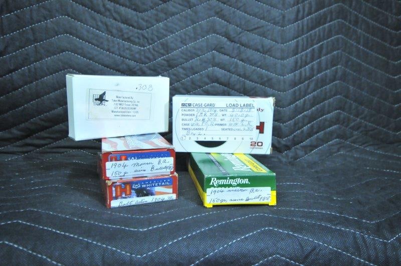308 Winchester Ammo: 308 Winchester ammunition. Four full boxes and 14 additional rounds of mixed headstamp reloads. See photos.