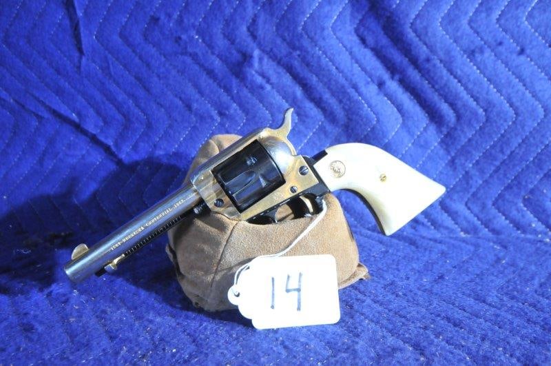 Colt Frontier Scout: Colt Frontier Scout. 1867 Nebraska Centennial. 22LR. 4.75" barrel. Yellow plate and blued. Pearl Lite grips. Wear on the yellow plating. Serial No. 1084NEB.