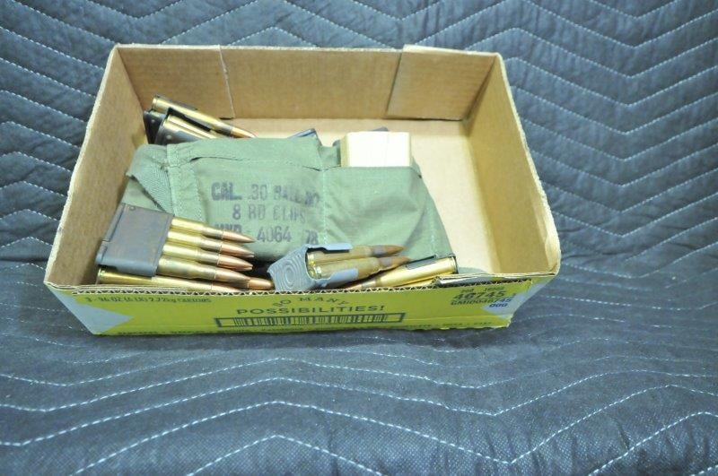 30 Cal. M1 Garand Ammo, Clips and Bandolier: 30 Cal. M1 Garand ammunition, clips and bandolier. 11 loaded clips and two empty clips. See photos.