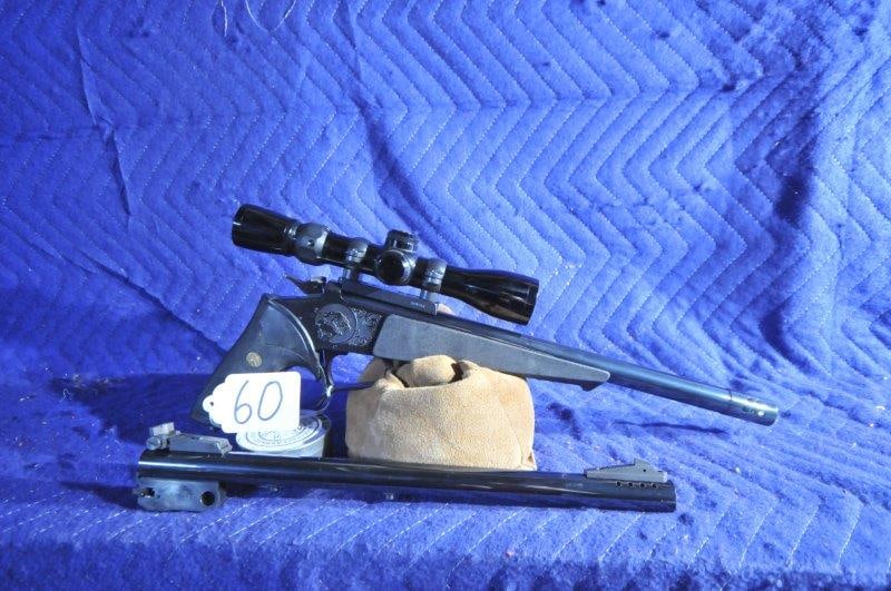 Thompson Center Contender: Thompson Center Contender. 35 Remington magnum, Super 14 barrel, Bushnell 2-6 Variable scope and muzzle brake. Also come with 44 Remington magnum, Super 14 barrel, ported with iron sights. Serial No. 