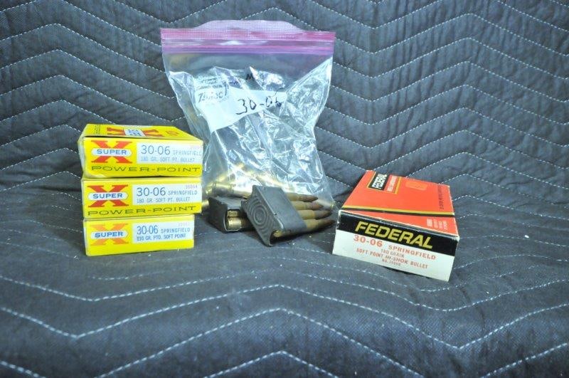 30-06 Springfield Ammo: 30-06 Springfield ammunition. Full box of Federal, 180 grain, soft point. Full box plus 16 rounds of Winchester, 180 grain. 11 rounds, Winchester Super X, 110 grain. Two M1 Garand clips, loaded. 12 ad