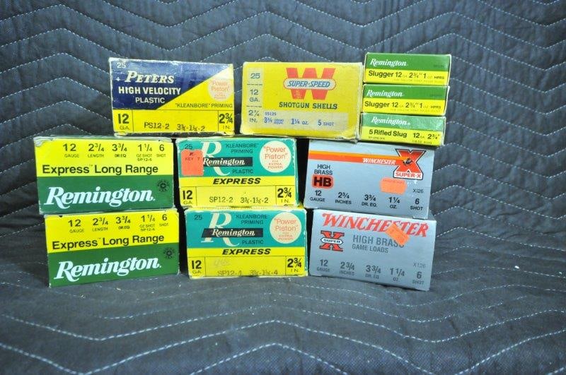 Assorted 12 Gauge Ammo: Assorted 12 gauge ammunition. Approximately 160 rounds. Winchester, Remington and Peters. All 2.75". Plus three full boxes of Remington rifled slugs. See photos.