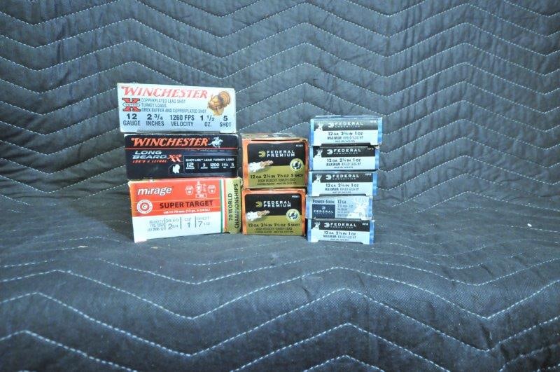 Assorted 12 Gauge Ammo: Assorted 12 gauge ammunition. 13 rounds of 2.75" Federal Premium turkey. Nine rounds of Mirage. 25 rounds of Federal rifled slug. 8 rounds of 2.75" Winchester turkey. 9 rounds of 3" Winchester turkey.