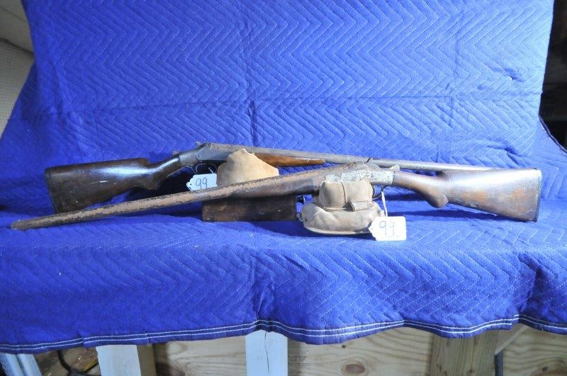 Pair of Single Barrel Shotguns: Pair of single barrel shotguns. One 12 gauge, 32" barrel. Full choke. NSN. One Columbia 12 gauge. Full choke. Nickel plated receiver. Super pitted, damage to stock and forend. Serial No. 756.