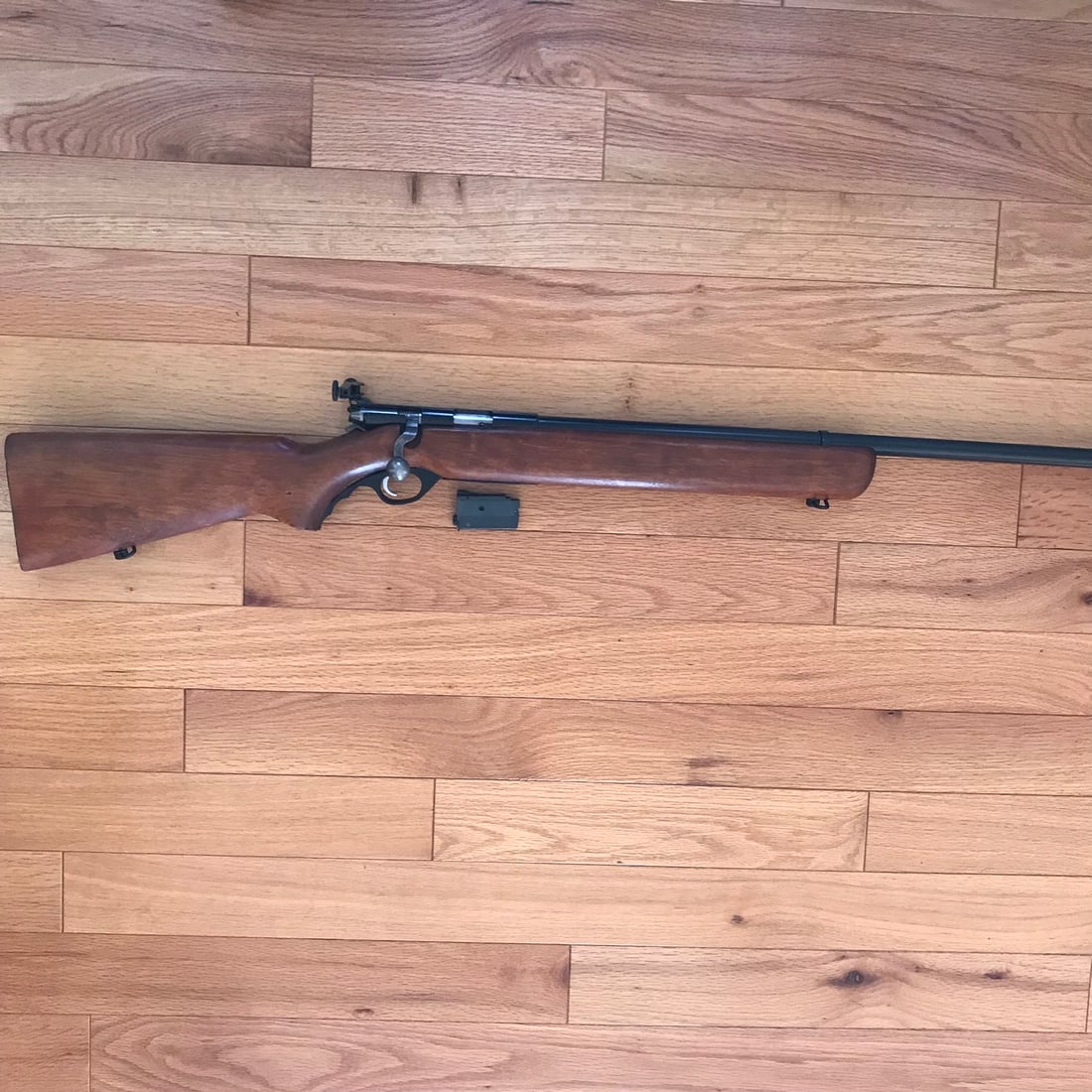 Mossberg Model 44 U.S.: Mossberg Model 44 U.S. Marked Property of U.S. 22LR, seven round magazine. In nearly new condition with excellent walnut stock and swivels. Serial No. 143887. Approximately 53,000 were produced to tra