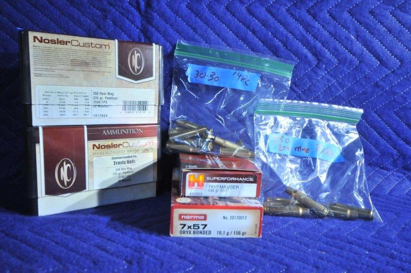 Assorted Once Fired Brass: Assorted once fired brass. 350 Remington magnum, 30-30 Winchester, 7mm Mauser and 338 Winchester magnum. Quantities as listed in photos, unmarked are full boxes. See photos.