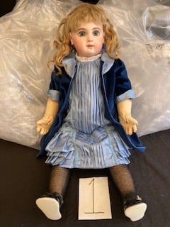 Jumeau Estate Signed 1881-86 Maison E12J Paris, France Doll: Body is stamped Jumeau- Medaille B Paris with red check mark and incised" Dipose, In excellent condition has both new and old clothes. Head is in perfect condition with original blue papier weight eye