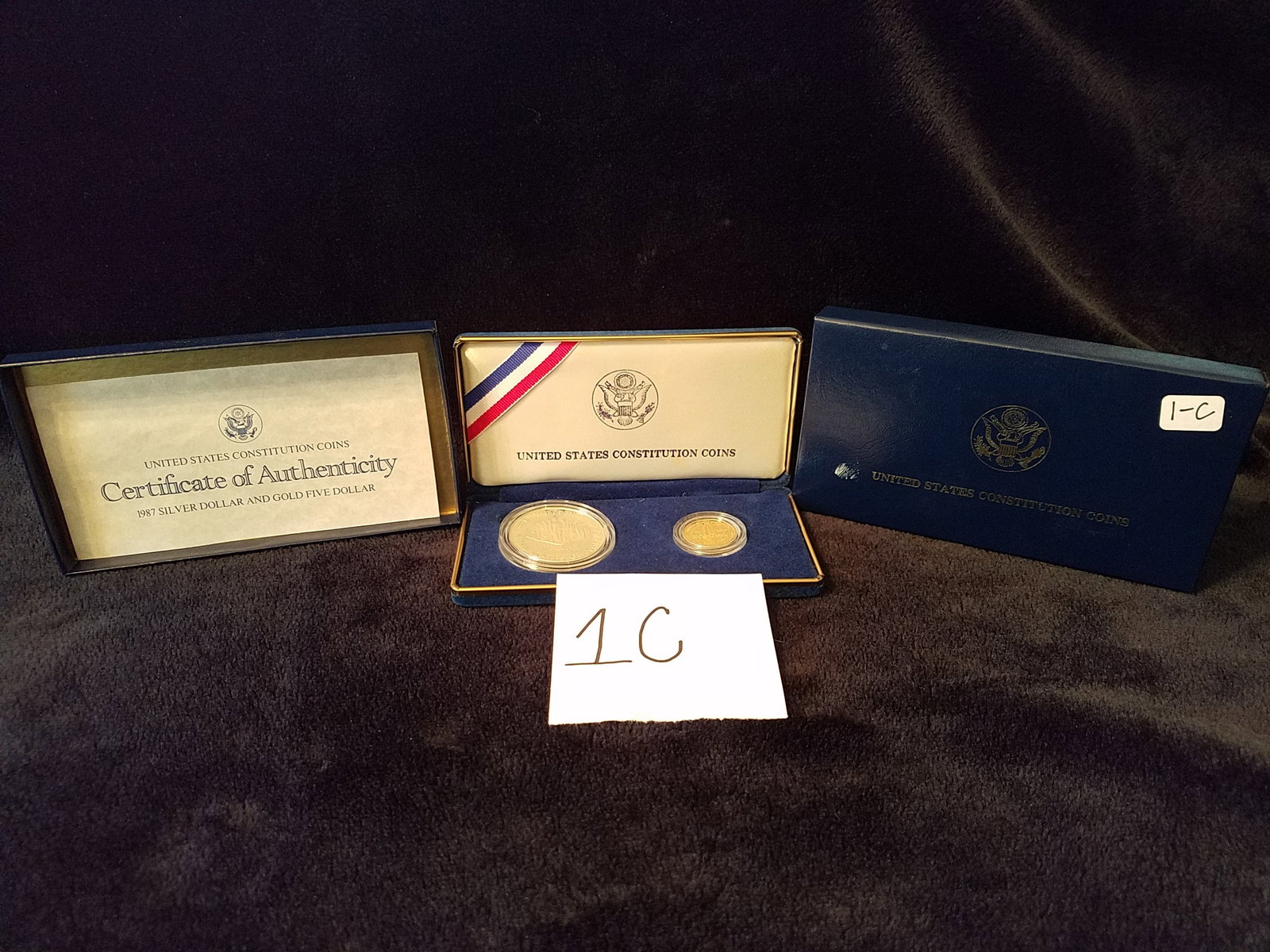 US Constitution 1987 Silver Dollar & Gold Five Dollar Blue Boxed Coin Set: Estate found from Potsdam, NY US Constitution 1987 Silver Dollar & Gold Five Dollar Blue Boxed Coin Set