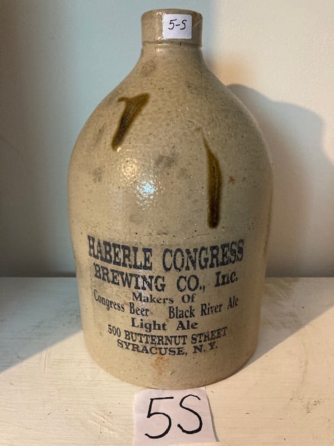 Rare Haberle Congress One Gallon Jug: Rare Haberle Congress one (1) gallon jug. Maker of Congress Beer Black River Ale, Light Ale, 500 Butternut Street, Syracuse, NY. Chip on top spout, no cracks. Two nice original firing drips in front a
