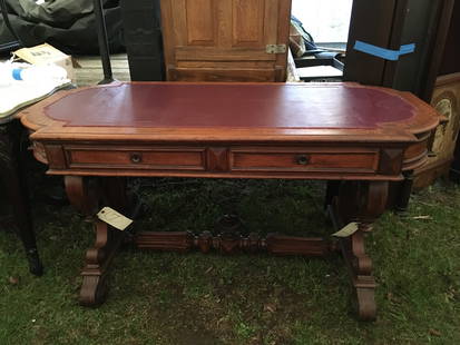 1860s American Highly Carved Burl Walnut Partners Desk Leather Topped: 1 Drawer on 1 side, 1 on opposite side. 3 small drawer moldings missing and 1 small button molding missing. Measuring 57 1/2"w x 29" d x 29" h