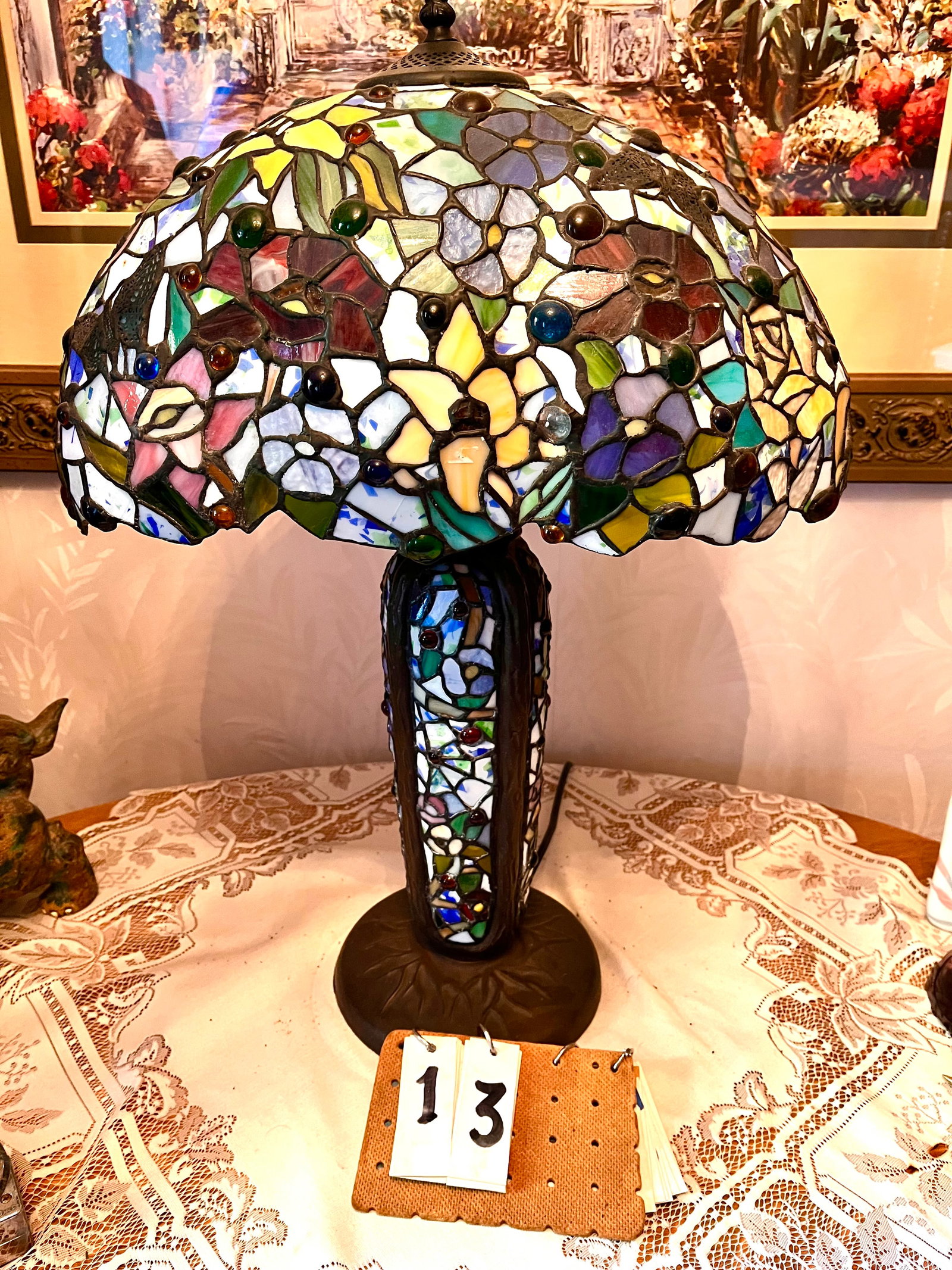 Contemporary Leaded 2 Part Lamp: Beautiful with butterflies and flowers in excellent condition. Leaded shade 18 1/2" w x 11" h x 8 1/2" d and leaded base 25" h