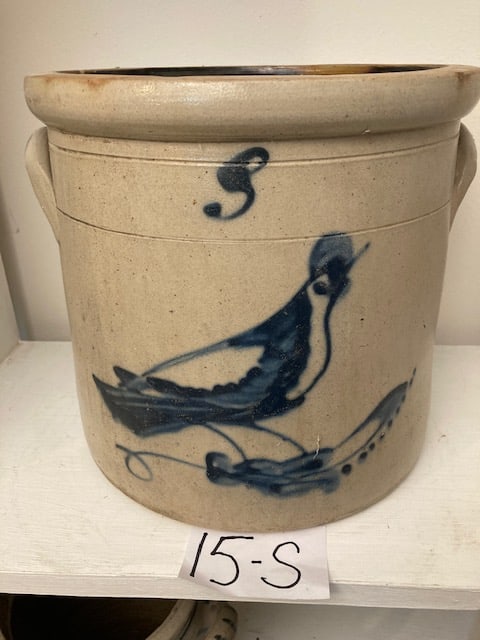 Three Gallon Crock with Blue Bird: Three (3) gallon crock with blue bird on three limb. No name. Has three interior rim chips and no cracks. Nice example - possibly Fort Edward, NY - with two incised rim circles. 11.5"w x 10.5"h. Pleas
