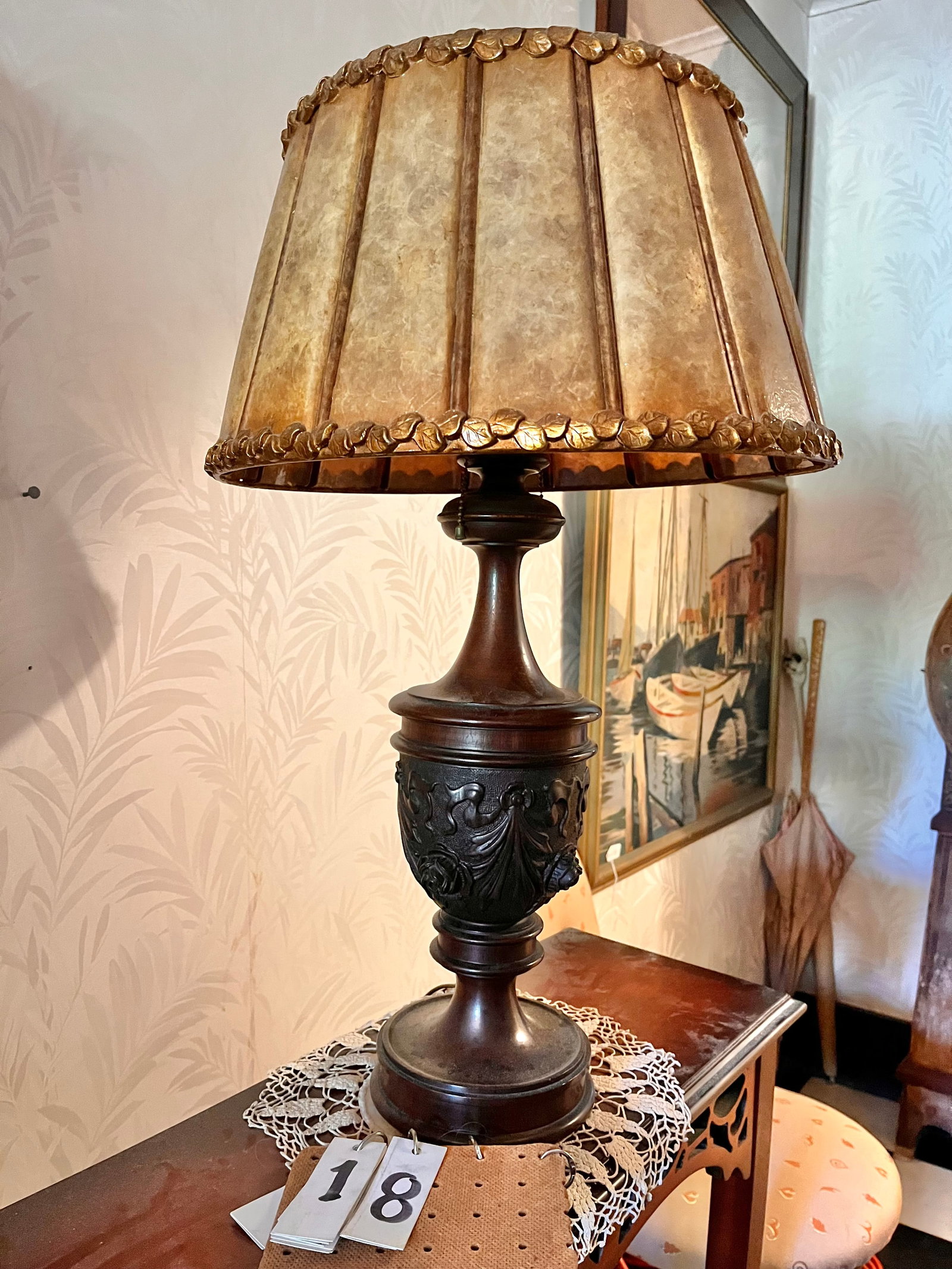 Wooden Oriental Style Electrofied Rose Carved Table Lamp: Wooden Oriental Style Electrofied Rose Carved Table Lamp overall 26 1/2" h Shade 16" round and 9" height