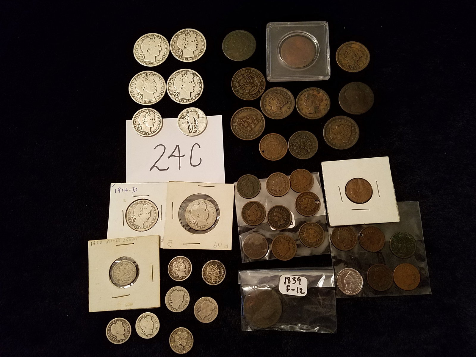 US Silver and Copper Coin Collection: US silver and copper coin collection. 1908-O Barber half, 1906 Barber half, 1907-D Barber half, 1909-S Barber half, 1914-D Barber quarter, 1909 Barber quarter, 1904 Barber quarter, Barber quarter - no