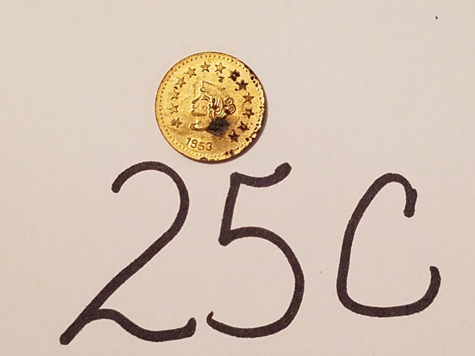 1853 California 50 Cent Gold Coin: 1853 California 50 cent US gold coin. This has 13 stars, a bear and a female head. See photos. From the Erieville, NY Estate. Please read the Terms and Conditions of this auction thoroughly for IMPORT