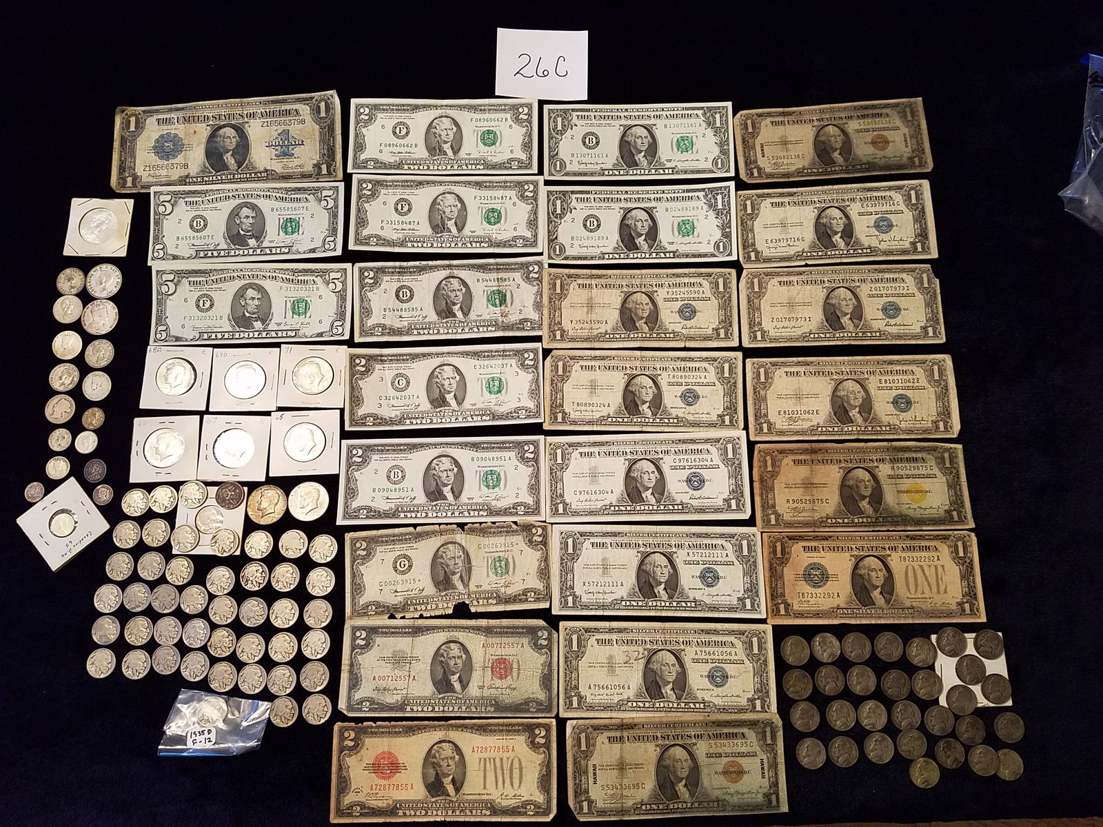 Miscellaneous US and Canadian Currency Collection: Miscellaneous US and Canadian currency collection. Includes both coins and paper money. 30 US five cent silver collection. 46 US buffalo nickels. 8 US Kennedy half dollars, silver. $4.45 Canadian 80% 