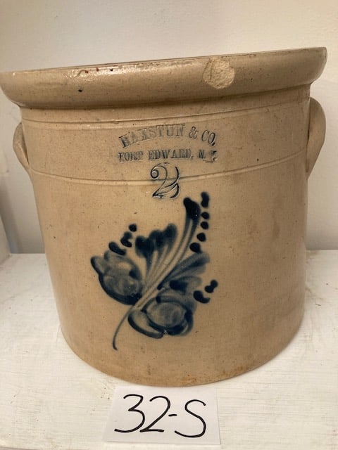 Haxton & Son Flower Crock: Haxton & Son, Fort Edward, NY, flower crock. Has one chip on front top and one minute chip on back top. 9.5"w x 9.25"h. Please read the Terms and Conditions of this auction thoroughly for IMPORTANT bi