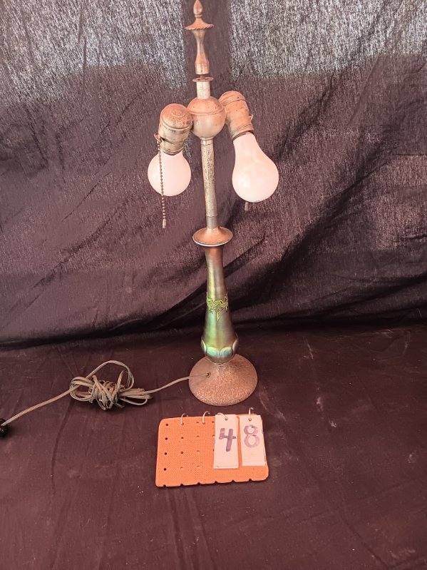Estate 1900s Excellent Art Glass Possible Stuben? Unsigned Base Lamp: Bronze base electric, unsigned. This is of the highest quality with benjamin sockets 23 3/4" high and 5" at base. Green/gold glass.