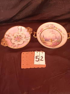 2 Pieces of Hand Painted 1900s Porcelain Pieces: 1- Nippon/ Noritake/Picard Unusual signed on base "Petit Trisnon Orangery"? 10" W x 8 1/4" D x 3 1/2" h 1- Limoges bowl with brass fancy trim on top and base. Signed Porc. Limoges plate with other wri