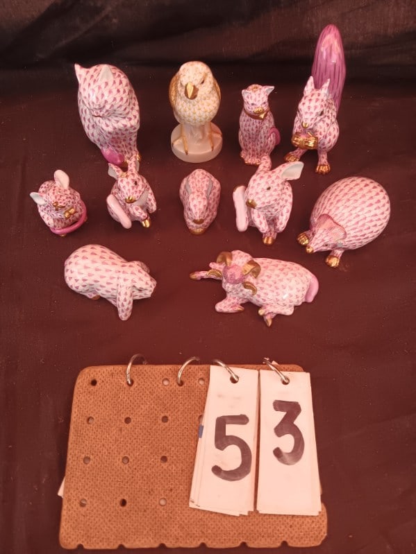 11 Herend Hungary Hand Painted Figurines in Mint Condition: 1- Rabbit 15387/VHP/L94, 1-Rabbit 15510/VHP/H95, 1- Rabbit 15537/SVHP/G97, 1- Rabbit 15330/VHP/G93, 1- Squirrel 15388/VHP/A94, 1- Cat 5383/ VHP/ A93, 1- Mole 15501/ VHP/L94, 1- Long Horned Sheep 15370