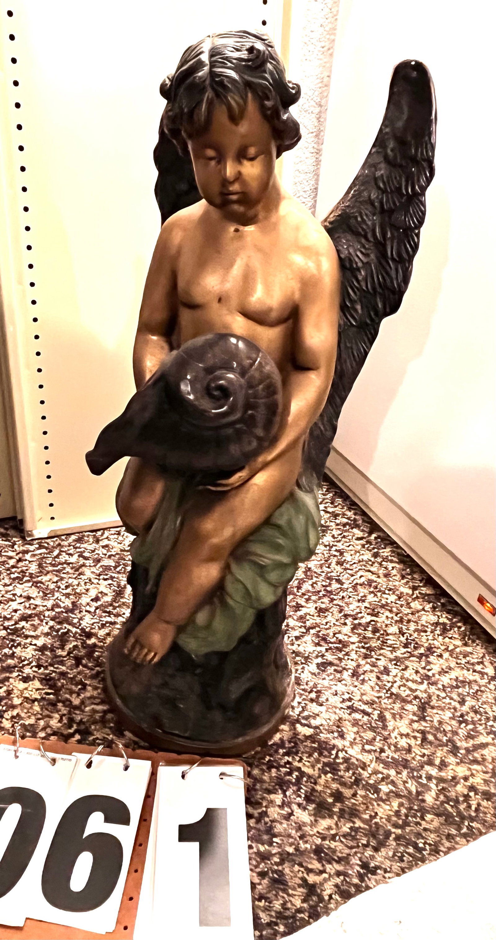 Excellent Unusual 19c Bronze Winged Putti Cherub Lamp: Gas lamp with cherub with a cornucopia in hand. Gas jet in base (see photo) 27" h x 12" w