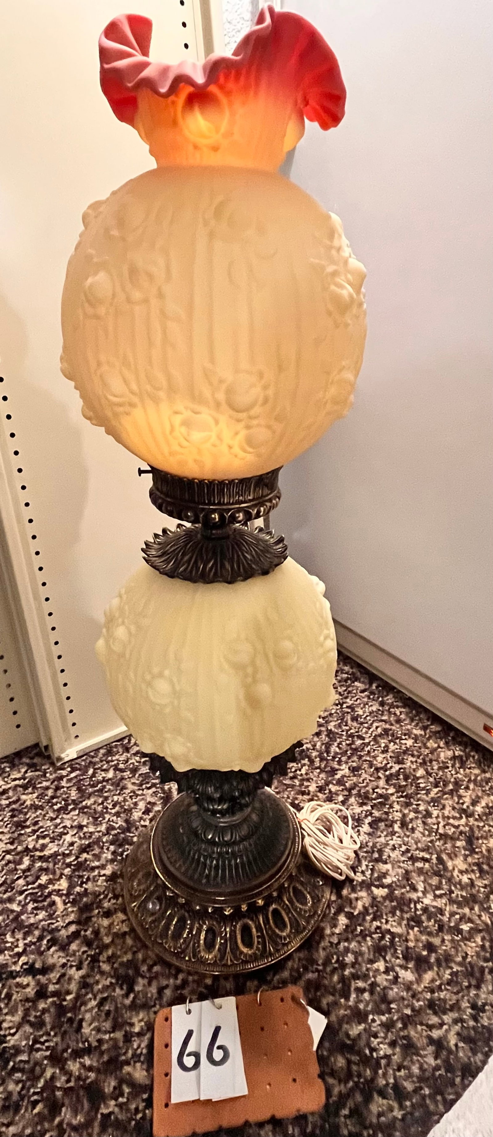 Huge 2 Part Burmese Fenton Table Lamp: Table lamp with blown out roses in excellent condition 35 1/2" h 10" globe and globe height 13" base 12" w x 23" h
