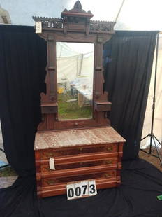 1890's Victorian Burl Walnut Dresser with Mirror: 1890's Victorian carved burl walnut dresser with mirror and brass pulls. 42.875"l x 16"w x 89"h. From the Potsdam, NY Estate.