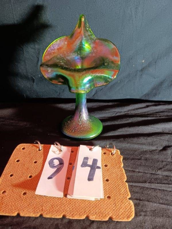 1920's Loetz Jack in the Pulpit Green Vase: 1920's Loetz iridescent green Jack in the Pulpit hand blown vase. 5"l x 5"w x 8"h. From the Morristown, NY Estate.
