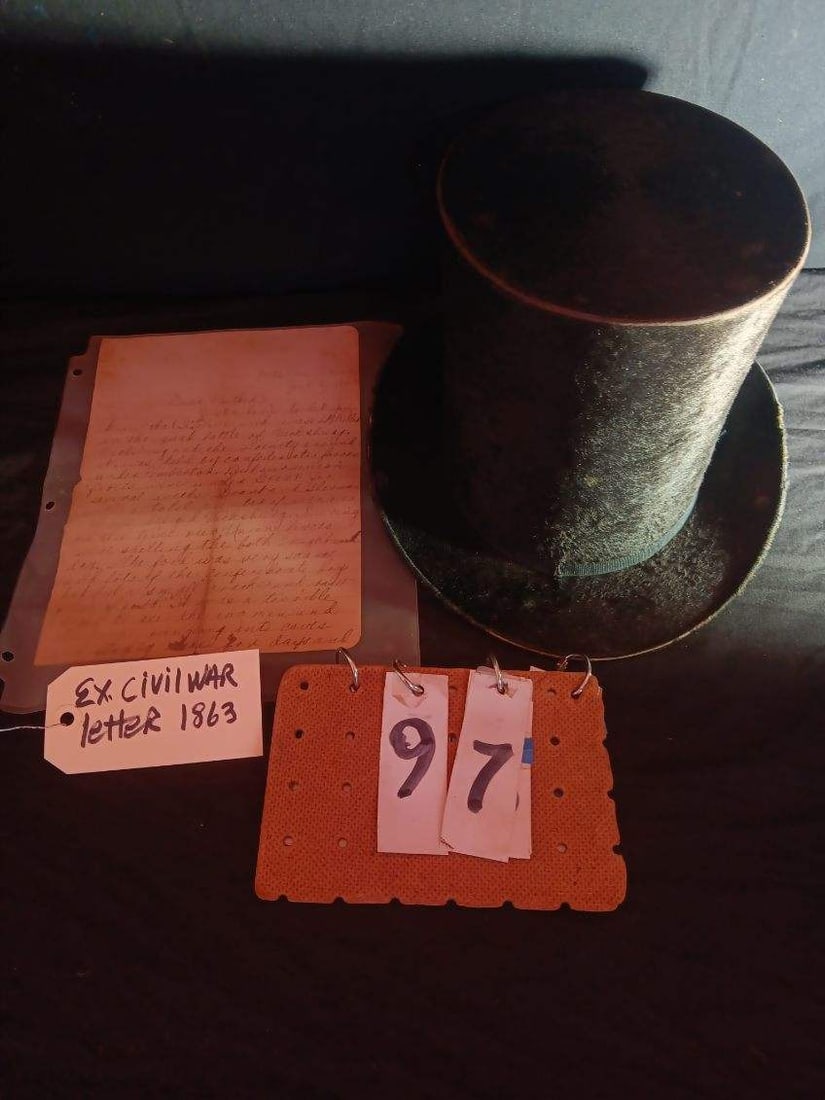 1863 Civil War Letter and 1860's Beaver Hat: 1863 Civil War letter and 1860s beaver hat. One rare Civil War letter, dated July 6, 1863. A union soldier wrote his mother to discuss the siege of Vicksburg and how he survived "the great battle". Se