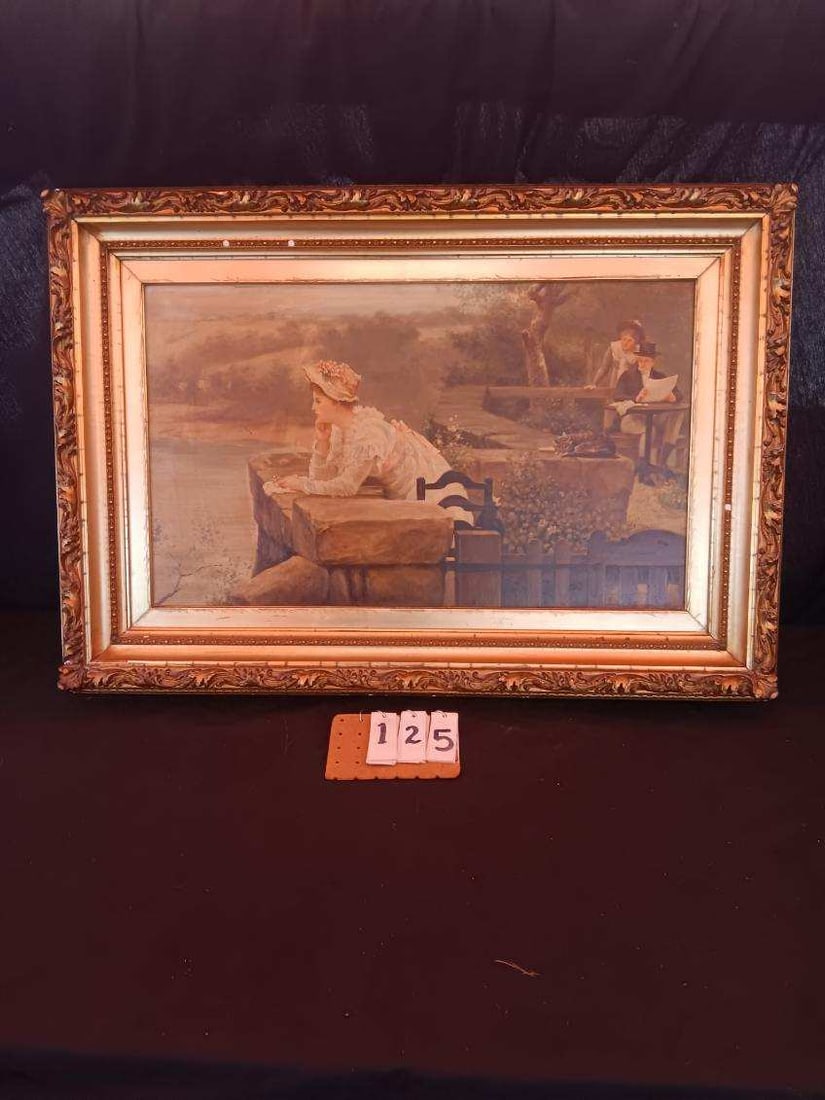 Signed 1890s Louise Atkinson Oil on Canvas Painting: Signed 1890s Louise Atkinson oil on canvas painting of a beautiful young girl looking out to sea with a cat, houses, gentleman with a top hat and another young lady all in Victorian clothing. Framed i