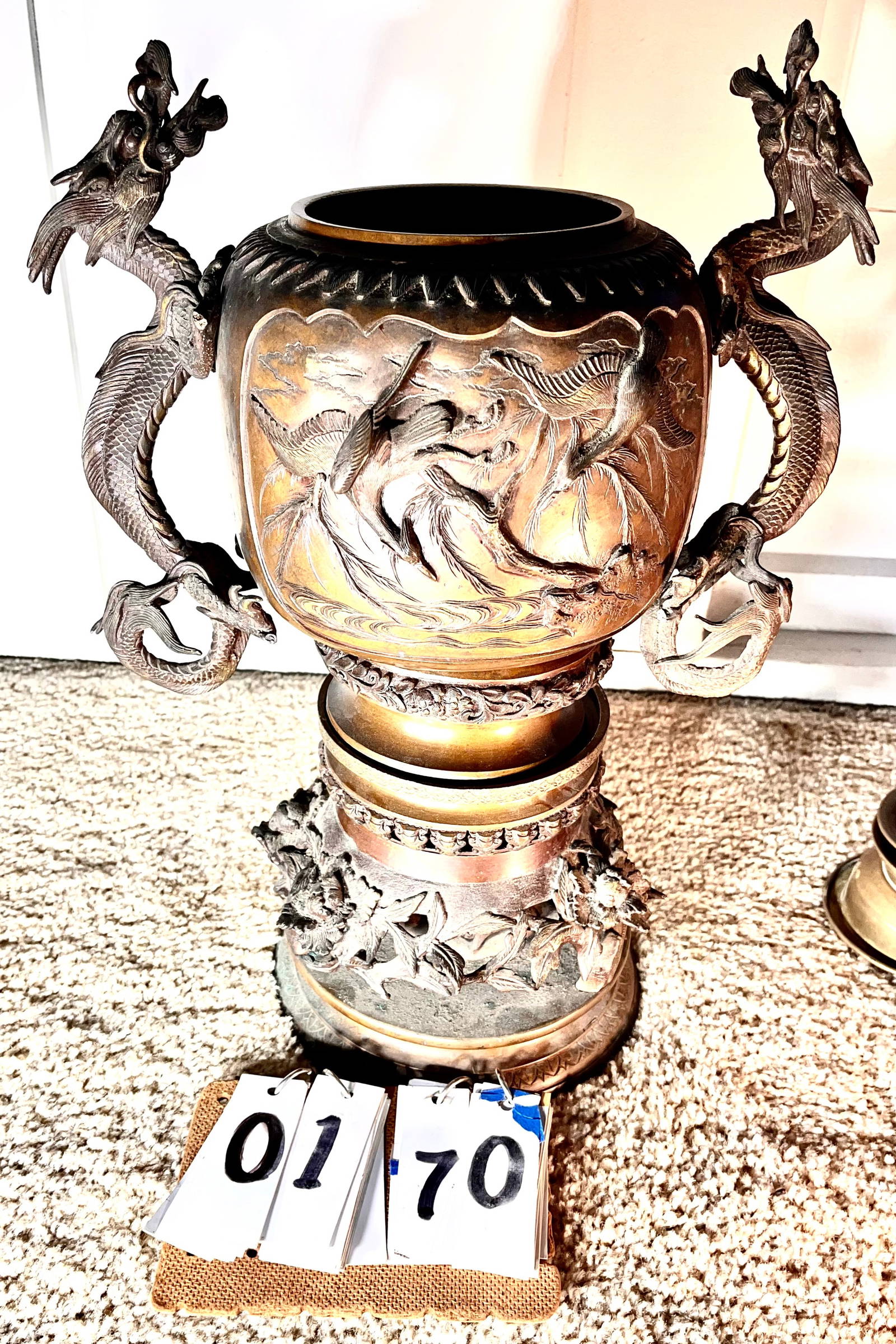 Six Piece Antique Oriental Bronze Dragon Incense Pot Auction