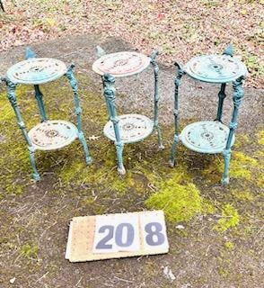 Three Contemporary Iron Grape Pattern Two Tier Tables: Three contemporary iron grape pattern two tier tables. 10.5"w x 20"h. From the Rochester, NY Estate.